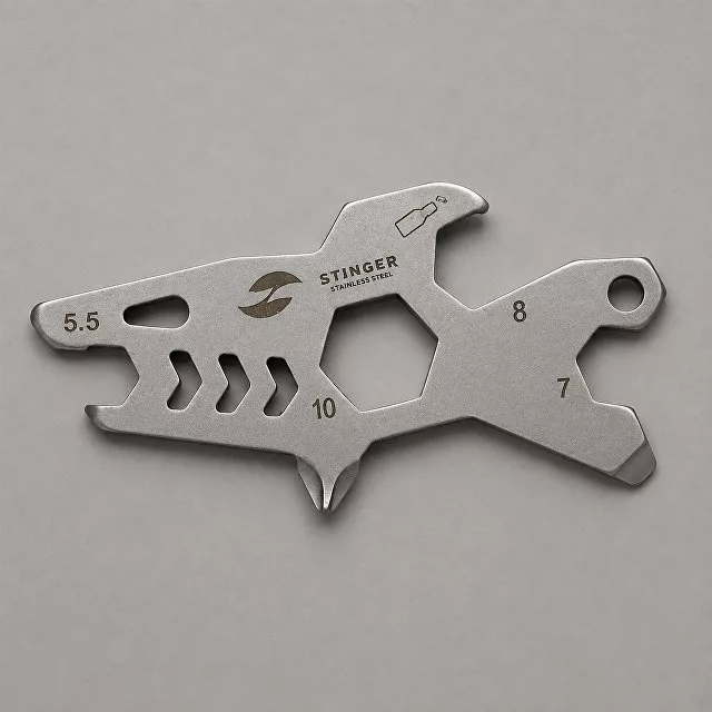 Мини-мультитул карманный Stinger, 60 x 31 мм, 5 функций, акула, нержавеющая сталь, серебристый, в блистере
