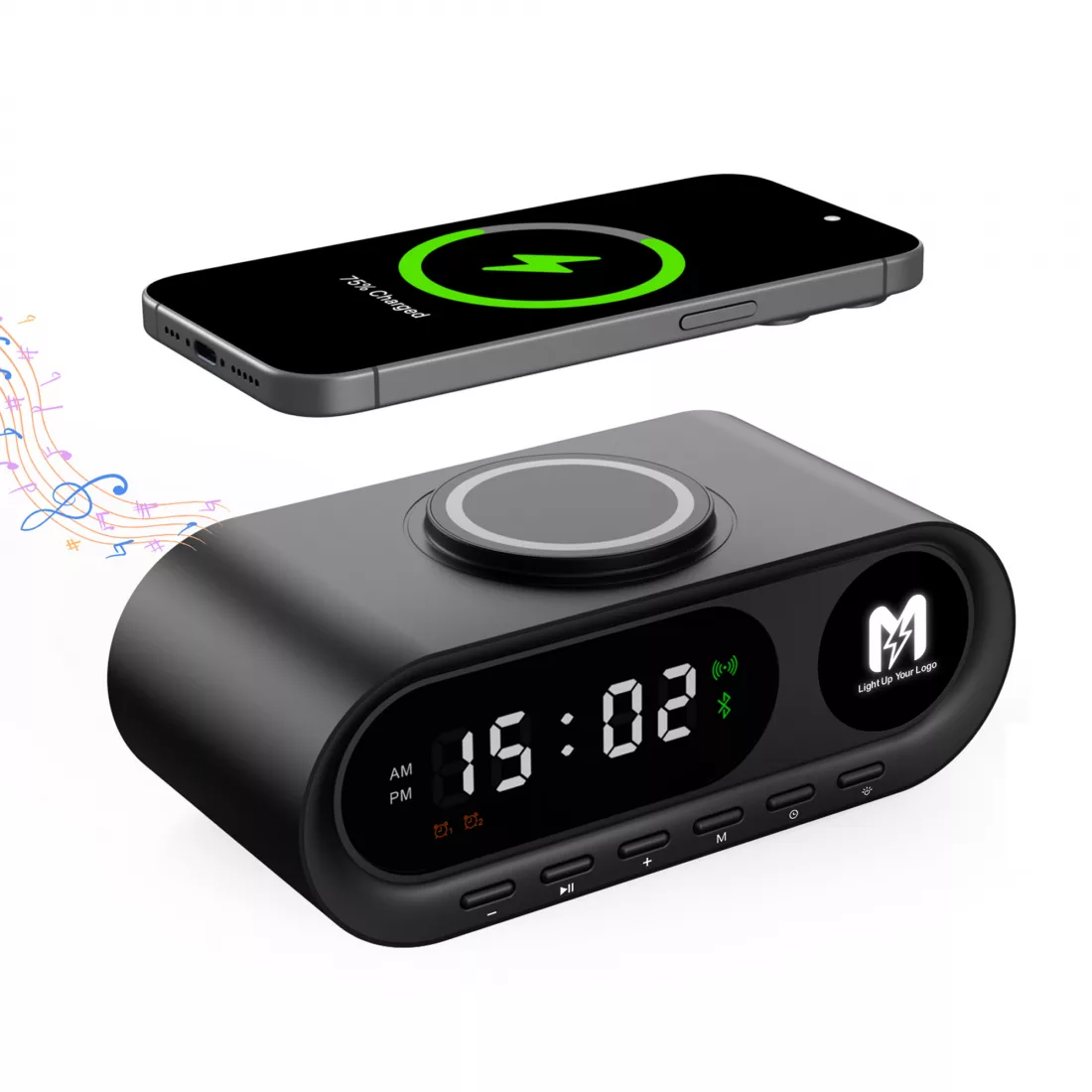 Настольные часы "Smart Hub" с bluetooth колонкой 5Вт, беспроводной (15W) зарядкой и подсветкой логотипа, черный