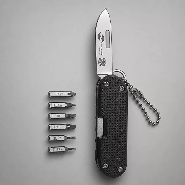 Нож перочинный Stinger, 73 мм, 8 функций, материал рукояти фиброволокно, нейлон (черный), в картонной коробке