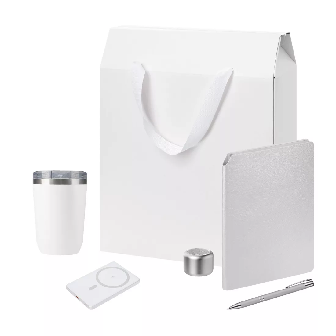 Подарочный набор Велком Пак Премиум (Welcome Pack Premium), серебряный (термокружка, колонка, ежедневник, ручка, ЗУ, коробка-пакет)