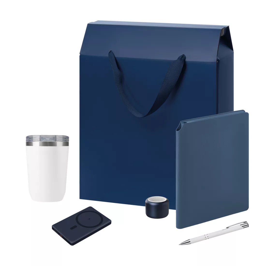 Подарочный набор Велком Пак Премиум (Welcome Pack Premium), синий (термокружка, колонка, ежедневник, ручка, ЗУ, коробка-пакет)