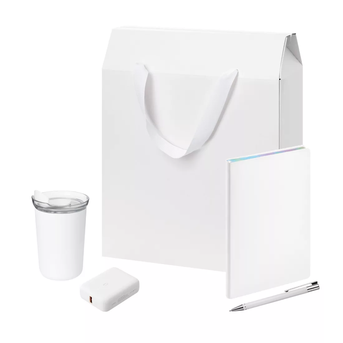 Подарочный набор Велком Пак (Welcome Pack), белый (термокружка, ежедневник, ручка, ЗУ, коробка-пакет)