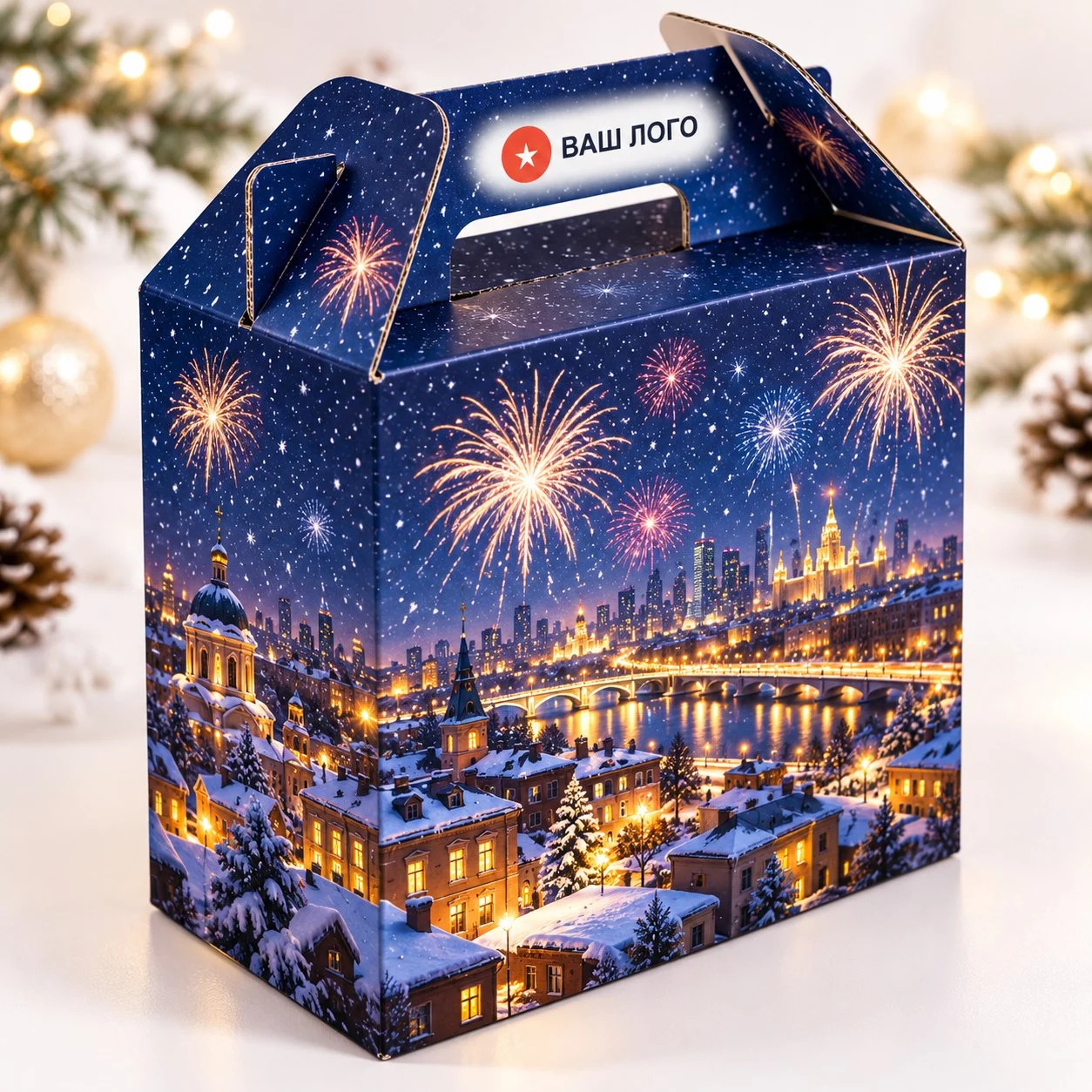 Новогодний корпоративный подарок с ёлочным шаром, специями для глинтвейна и гирляндой