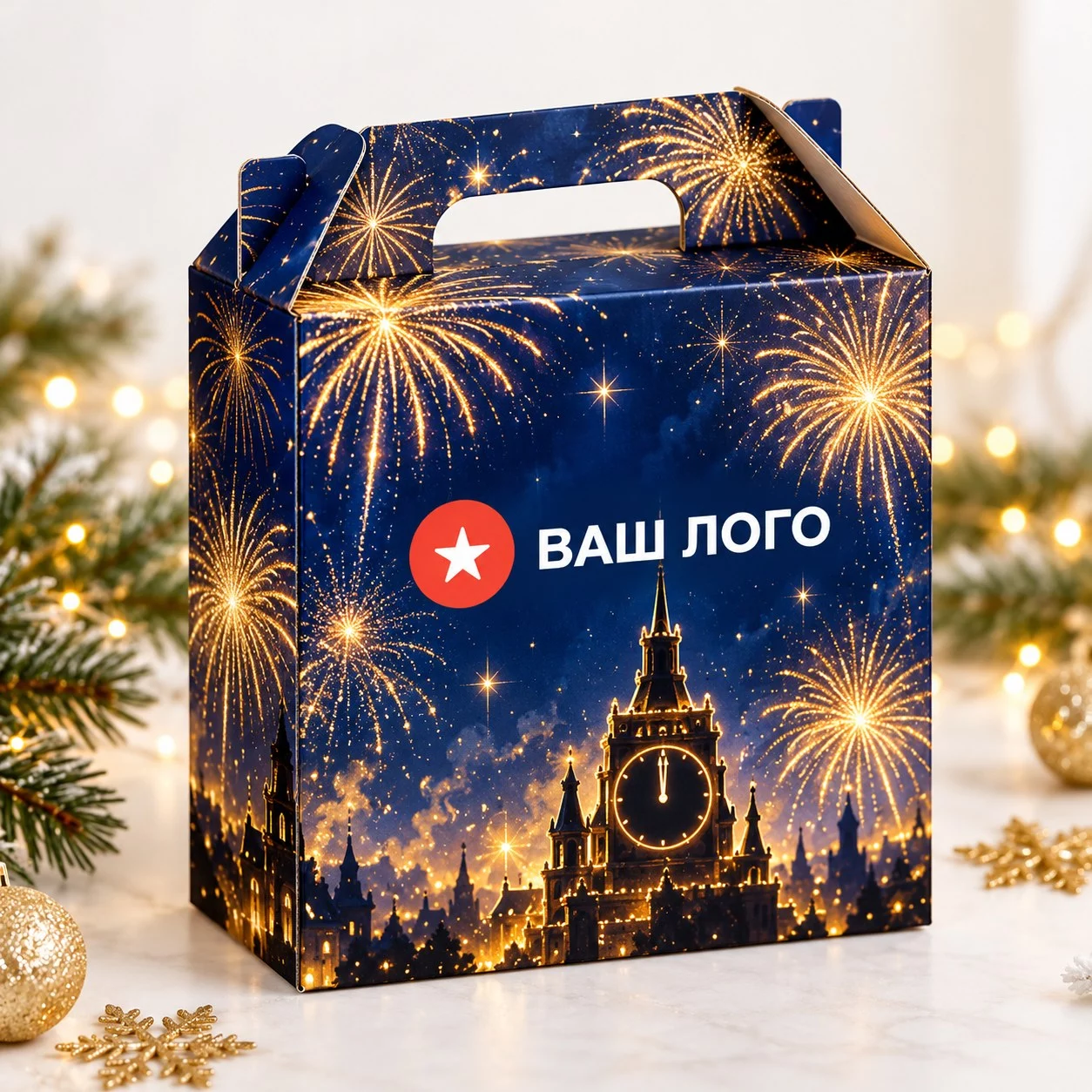 Новогодний набор с бокалами для шампанского и пробкой с логотипом
