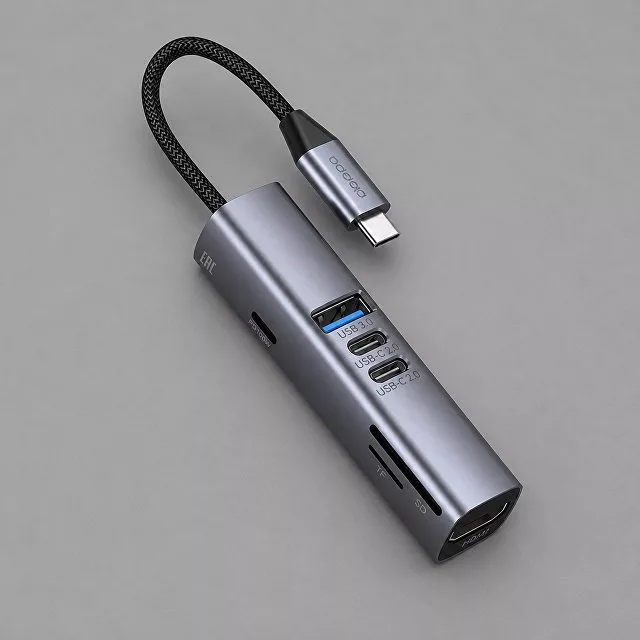 USB-хаб 7 в 1 USB-C - USB-A3.0 + 2хUSB-C + USB-C PD100Вт + HDMI + SD + microSD, серый, Deppa