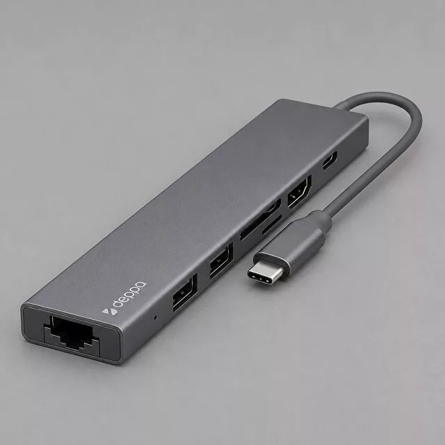 USB Type-C хаб 7-в-1, HDMI, Power Delivery, 2xUSB 3.0, RJ45, microSD/SD, графит, Deppa