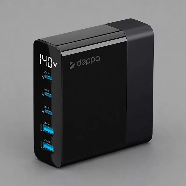 Зарядная станция 3xUSB Type-C, 2xUSB, PD, QC, 140Вт, черный, Deppa
