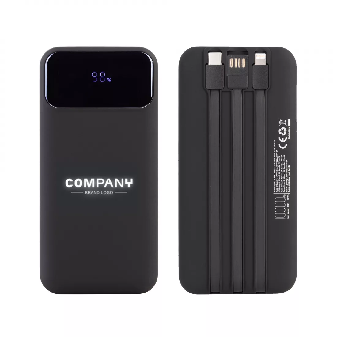 Зарядное (22.5W) устройство "Grade SOFTTOUCH" 10000 mAh с подсветкой логотипа, встроенными кабелями и цифровым индикатором заряда, черный