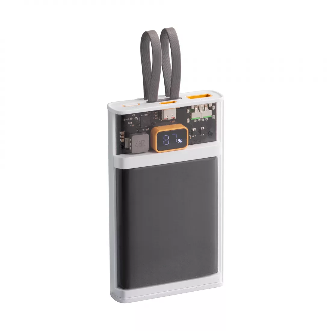 Зарядное (22.5W) устройство "Link" 10000 mAh с прозрачным корпусом, цифровым индикатором заряда и встроенными Type-C/Lightning кабелями, белый/черный