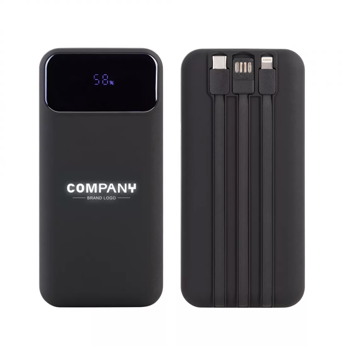 Зарядное (22.5W) устройство "Top Grade SOFTTOUCH" 20000 mAh с подсветкой логотипа, встроенными кабелями и цифровым индикатором заряда, черный