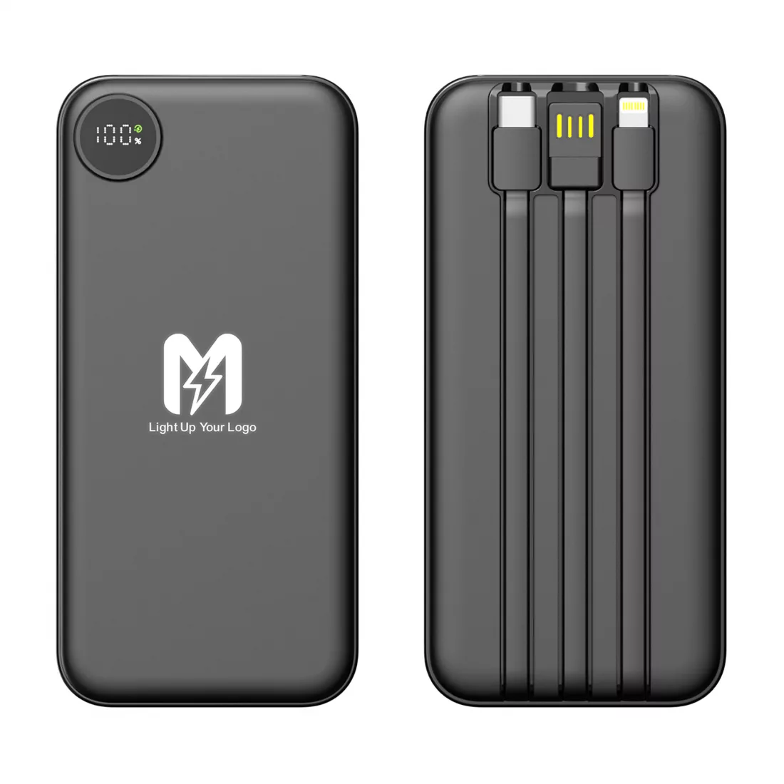 Зарядное устройство "Форт" 10000 mAh с подсветкой логотипа, встроенными кабелями и цифровым индикатором заряда, черный