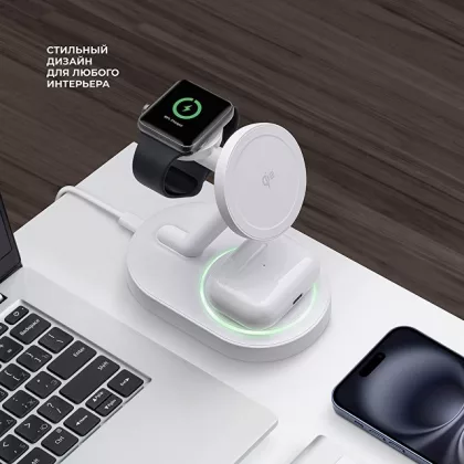 Беспроводная зарядная станция 3 в 1 MagSafe QI2 NEO, белый, Deppa, фото 3