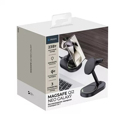 Беспроводная зарядная станция 3 в 1 MagSafe QI2 NEO Galaxy, черная, Deppa, фото 5