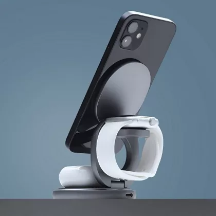 Беспроводная зарядная станция 3 в 1 MagSafe Rotation QI складная, графит, Deppa, фото 4