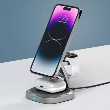 Беспроводная зарядная станция 3 в 1 QI2.2 Fold Power, Серая, Deppa, фото 2