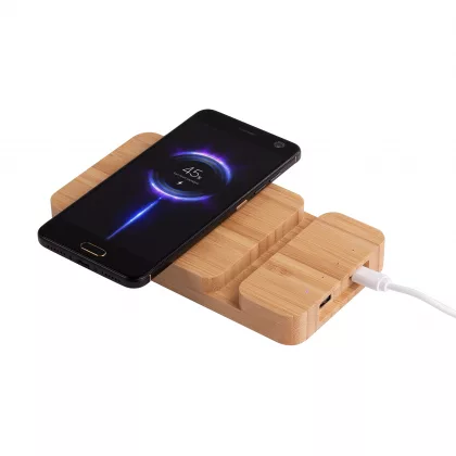 Беспроводное (10W) зарядное устройство "Bamboo Power" 5000 mAh с подставкой под смартфон, бамбук, бежевый, фото 3