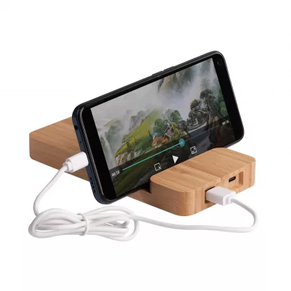 Беспроводное (10W) зарядное устройство "Bamboo Power" 5000 mAh с подставкой под смартфон, бамбук, бежевый, фото 4
