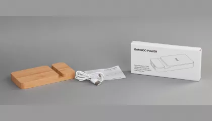 Беспроводное (10W) зарядное устройство "Bamboo Power" 5000 mAh с подставкой под смартфон, бамбук, бежевый, фото 6