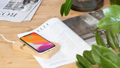 Беспроводное (10W) зарядное устройство "Bamboo Power" 5000 mAh с подставкой под смартфон, бамбук, бежевый, фото 7