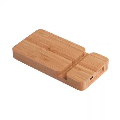 Беспроводное (10W) зарядное устройство "Bamboo Power" 5000 mAh с подставкой под смартфон, бамбук, бежевый, фото 1
