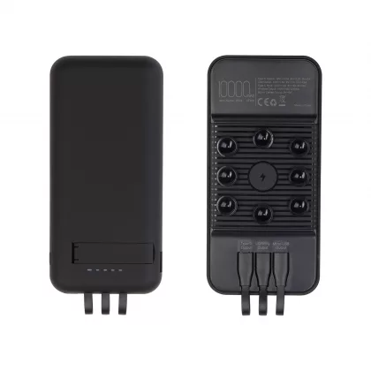 Беспроводное зарядное (22.5/15W) устройство "Topfull SOFTTOUCH" 10000 mAh с подсветкой лого, присосками, встроенными кабелями, с подставкой, черный, фото 2