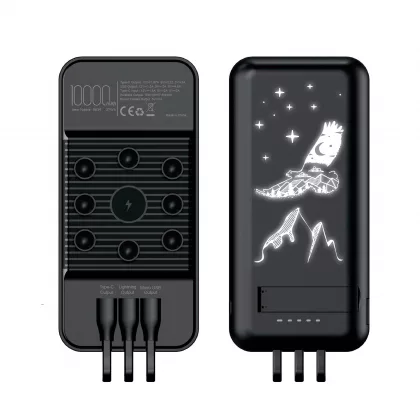 Беспроводное зарядное (22.5/15W) устройство "Topfull SOFTTOUCH" 10000 mAh с подсветкой лого, присосками, встроенными кабелями, с подставкой, черный, фото 1