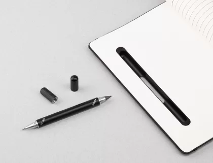 Блокнот "Prime" с ручкой и вечным карандашом в пенале, с подставкой под смартфон, черный, фото 3