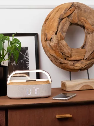 Bluetooth стерео-колонка "Smart Band" 10Вт (2х5Вт) с беспроводным (15W) ЗУ, лампой, часами, FM радио, бежевый, фото 8