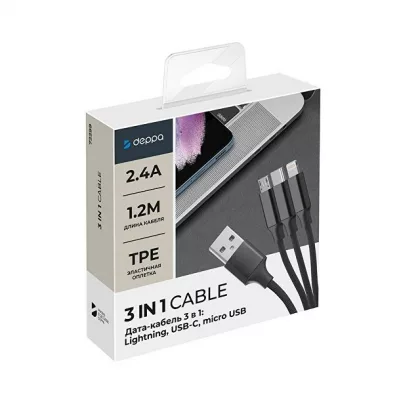 Дата-кабель 3 в 1: micro USB, USB-C, Ligthning, алюминий, 1.2м, черный, Deppa, фото 5