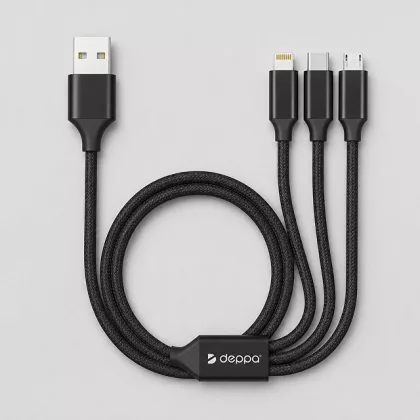 Дата-кабель 3 в 1: micro USB, USB-C, Ligthning, алюминий, 1.2м, черный, Deppa, фото 1