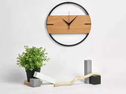Деревянные часы с металлическим ободом, диаметр 30 см, "Time Wheel" горизонтальные, натуральный/черн, фото 6