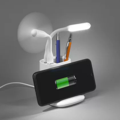 Карандашница "Smart Stand" с беспроводным зарядным устройством, вентилятором и лампой (2USB разъёма), белый, фото 2