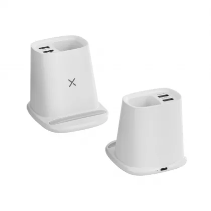 Карандашница "Smart Stand" с беспроводным зарядным устройством, вентилятором и лампой (2USB разъёма), белый, фото 3