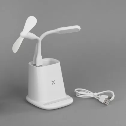 Карандашница "Smart Stand" с беспроводным зарядным устройством, вентилятором и лампой (2USB разъёма), белый, фото 1