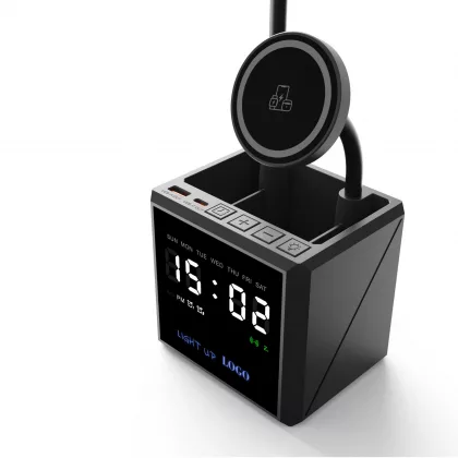 Лампа "Smart Flex" с беспроводным 3в1 (15W) ЗУ с MagSafe, часами, карандашницей и подсветкой логотипа, черный, фото 3