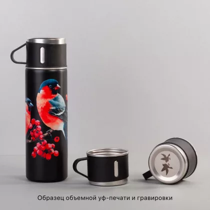 Набор подарочный "Алтай": термос, 3 кружки, покрытие пудра, черный, фото 7