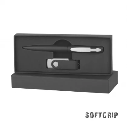 Набор ручка + флеш-карта 16 Гб в футляре, покрытие softgrip, черный с серебристым