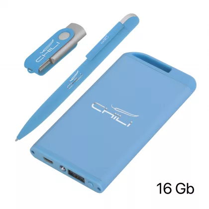 Набор ручка + флеш-карта 16Гб + зарядное устройство 4000 mAh в футляре покрытие soft touch, голубой, фото 2