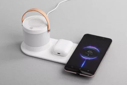 Настольная беспроводная (15W) зарядная станция "Smart Home" с bluetooth колонкой-лампой, белый, фото 1