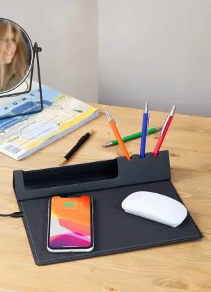 Настольная складная подставка "Cool Desk" с беспроводным (10W) зарядным устройством и ковриком для мыши, темно-серый, фото 2