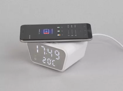 Настольные часы "Smart Clock" с беспроводным (15W) зарядным устройством, будильником и термометром, белый, фото 3