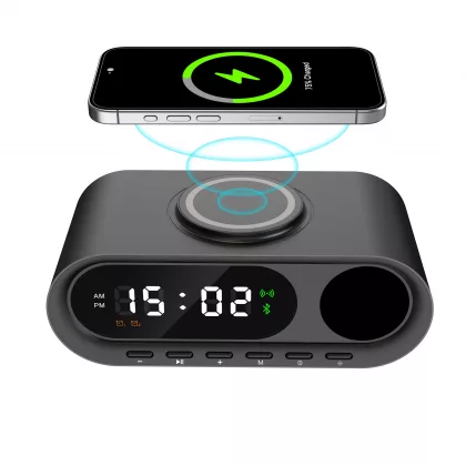 Настольные часы "Smart Hub" с bluetooth колонкой 5Вт, беспроводной (15W) зарядкой и подсветкой логотипа, черный, фото 2