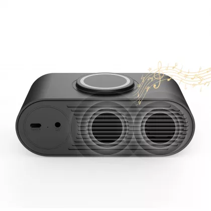 Настольные часы "Smart Hub" с bluetooth колонкой 5Вт, беспроводной (15W) зарядкой и подсветкой логотипа, черный, фото 3