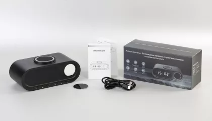Настольные часы "Smart Hub" с bluetooth колонкой 5Вт, беспроводной (15W) зарядкой и подсветкой логотипа, черный, фото 6