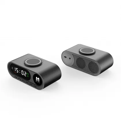 Настольные часы "Smart Hub" с bluetooth колонкой 5Вт, беспроводной (15W) зарядкой и подсветкой логотипа, черный, фото 4