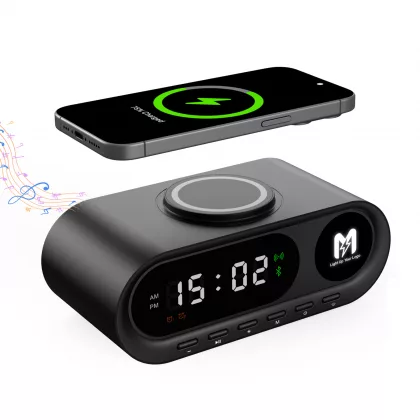 Настольные часы "Smart Hub" с bluetooth колонкой 5Вт, беспроводной (15W) зарядкой и подсветкой логотипа, черный, фото 1