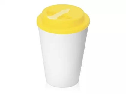 Пластиковый стакан Take away с двойными стенками и крышкой с силиконовым клапаном, 350 мл, белый/желтый