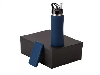 Подарочный набор с бутылкой для воды и повербанком С2, 10000 mAh, темно-синий, фото 2