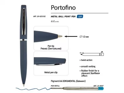 Ручка металлическая шариковая "Portofino", софт-тач, 1.0 мм, синий, фото 4