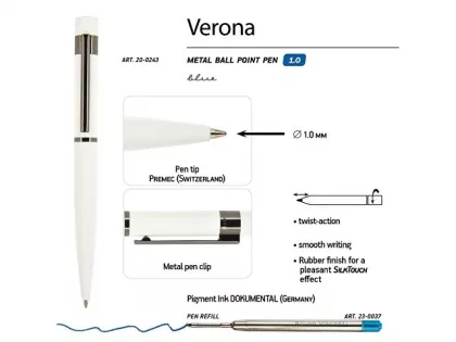Ручка металлическая шариковая «Verona», софт-тач, 1.0 мм, белая, фото 4